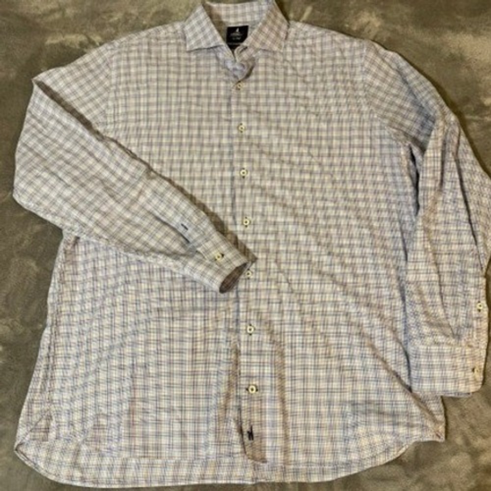 Johnnie-O Top Shelf Mens Large Plaid Button Down Shirt Blue Tan Cotton Lyocell